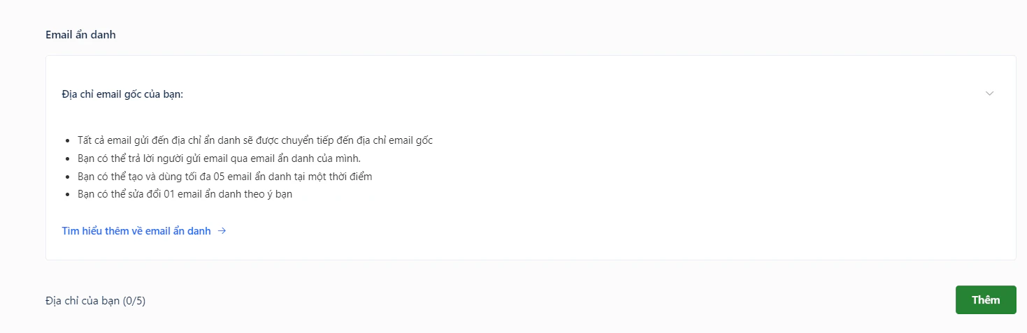 Giao diện Email ẩn danh trên Web Vault