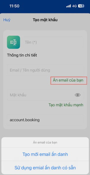 Chọn email riêng tư trên thiết bị di động