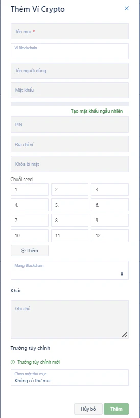Biểu mẫu thêm Ví Crypto