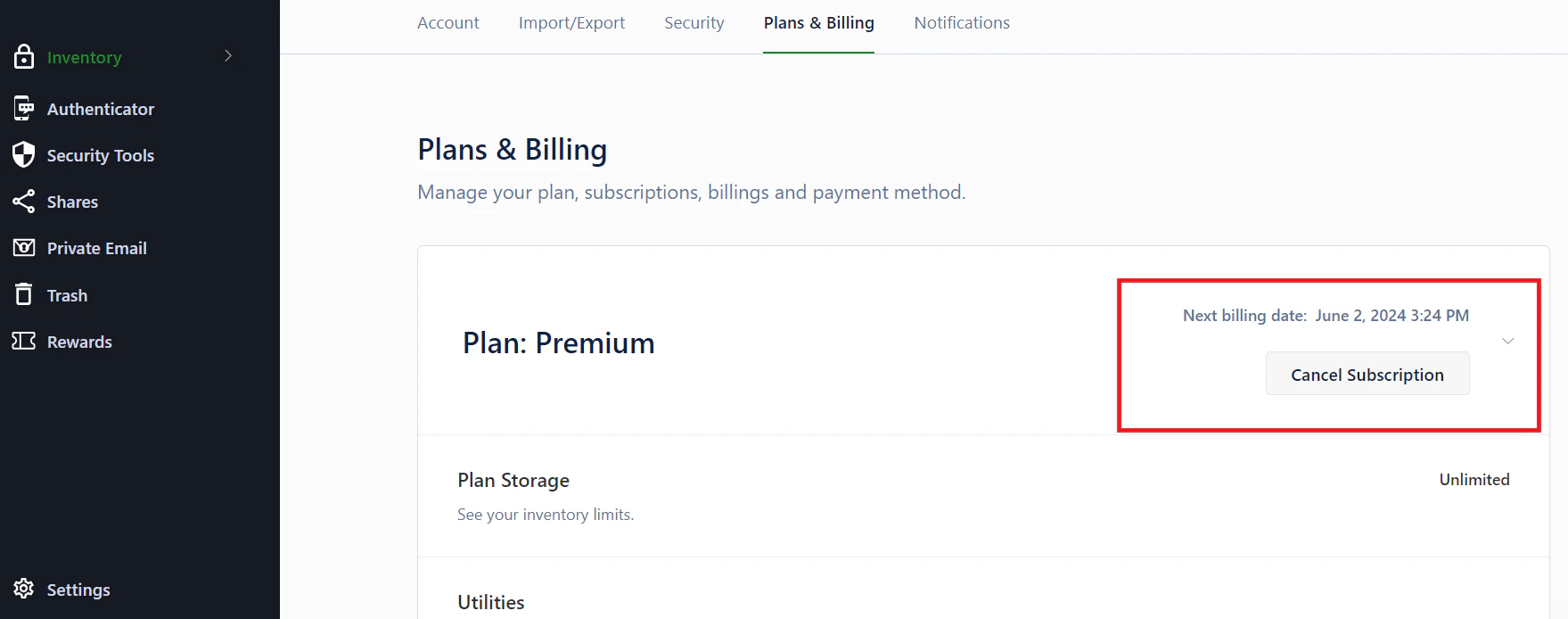 Subscription plan information