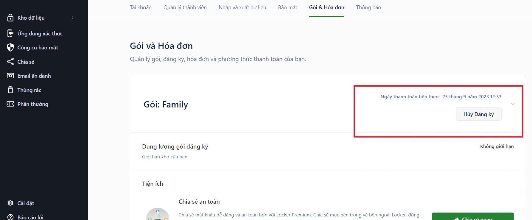 Thông tin gói đăng ký