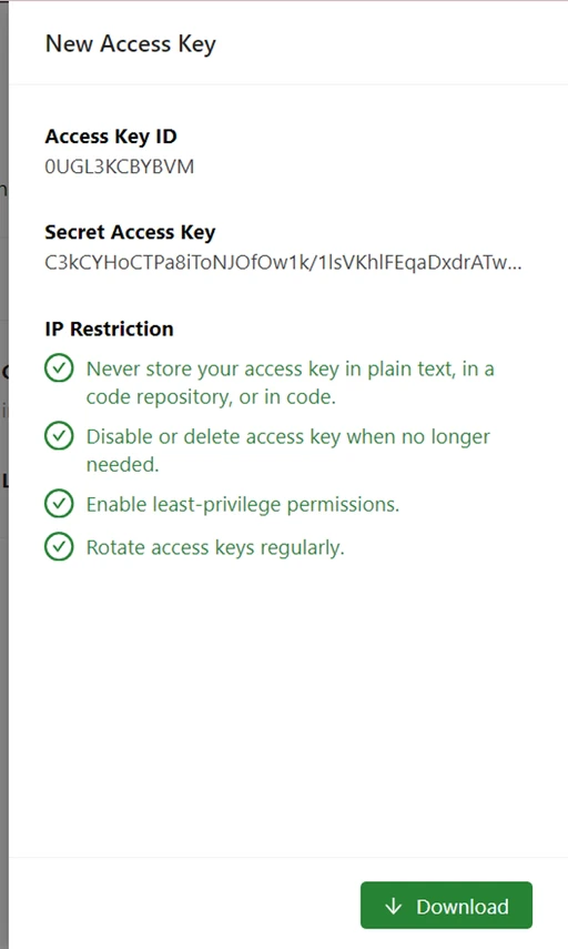 Màn hình hiển thị Access Key ID và Secret Access Key