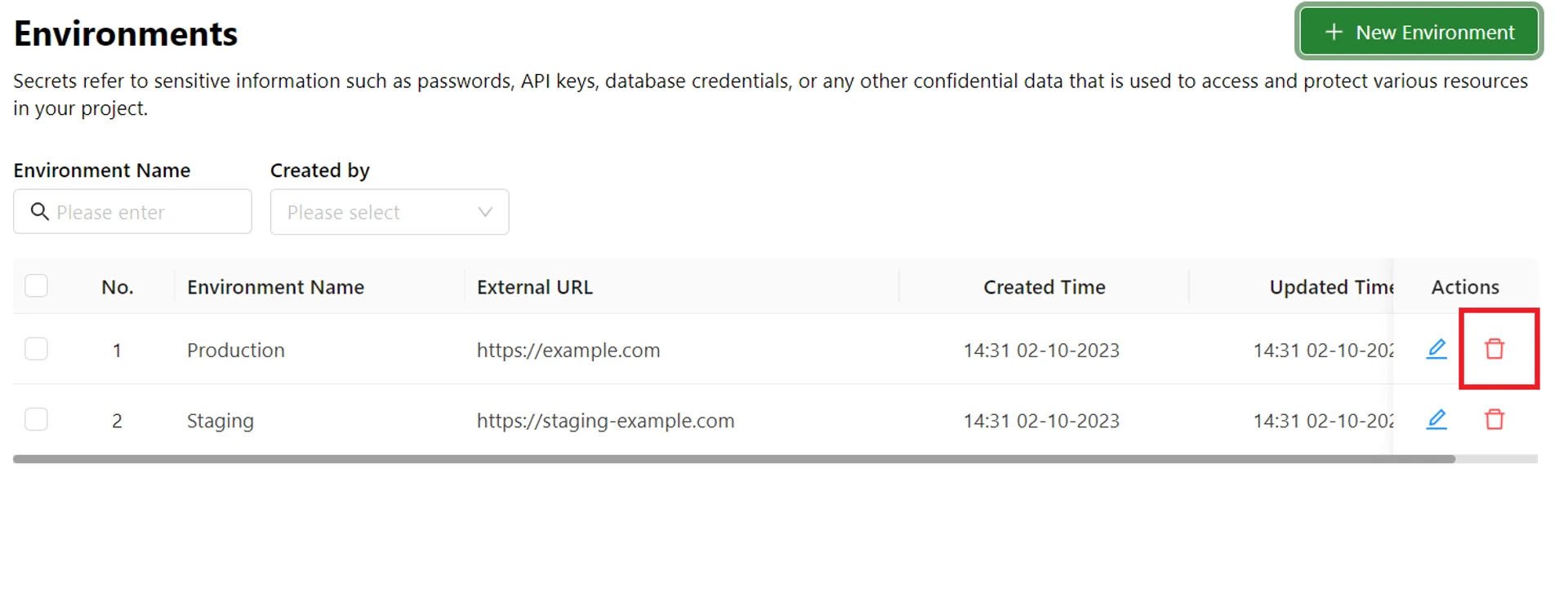 Danh sách môi trường với icon xóa