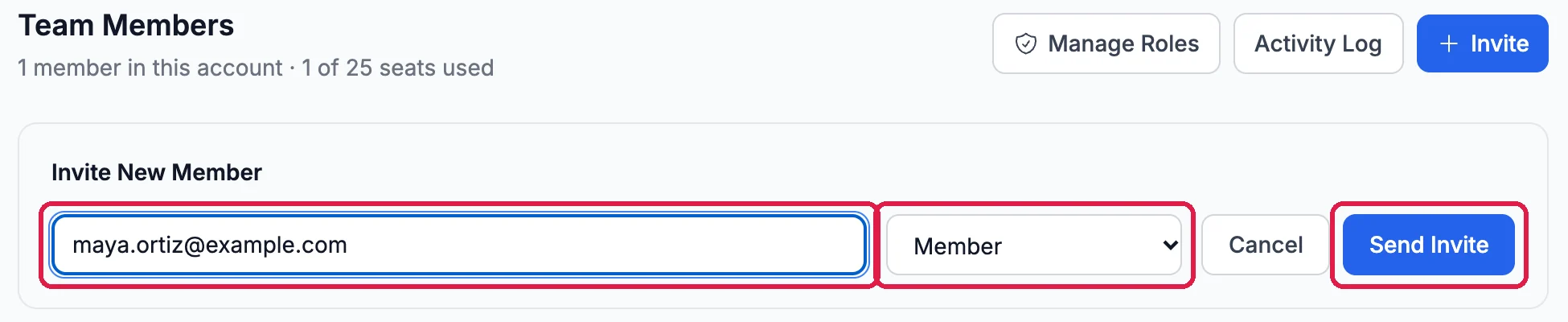 Team Members, 1 member in this account, 1 of 25 seats used; Invite New Member with maya.ortiz@example.com, outlined, the role Member, outlined, and Send Invite, outlined