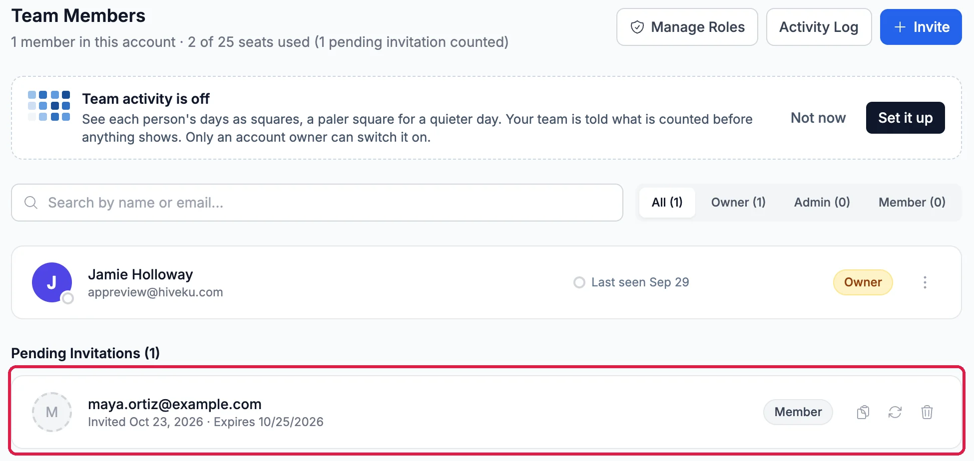 Team Members, 2 of 25 seats used, 1 pending invitation counted, and Pending Invitations (1): maya.ortiz@example.com, invited Oct 23, 2026, expires 10/25/2026, Member, outlined