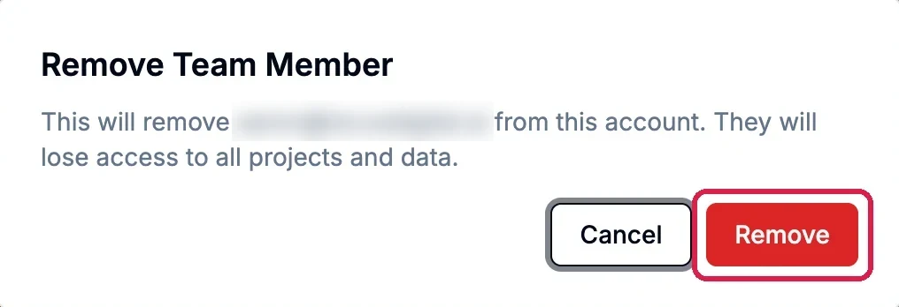 Remove Team Member: This will remove the person, their email address blurred, from this account. They will lose access to all projects and data. Cancel, and Remove, outlined