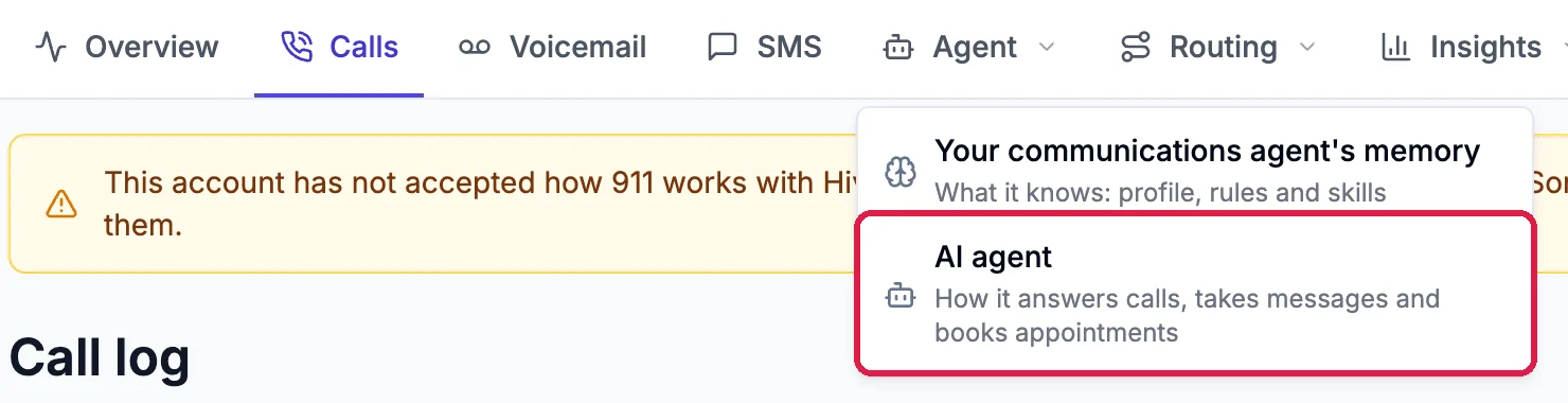 The Communications tabs with the Agent menu open: Your communications agent's memory, and AI agent, outlined