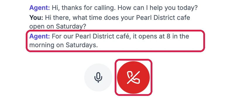 The conversation: Hi, thanks for calling; the caller's question, what time does your Pearl District cafe open on Saturday; and the answer, For our Pearl District café, it opens at 8 in the morning on Saturdays, outlined; and the red hang-up button outlined