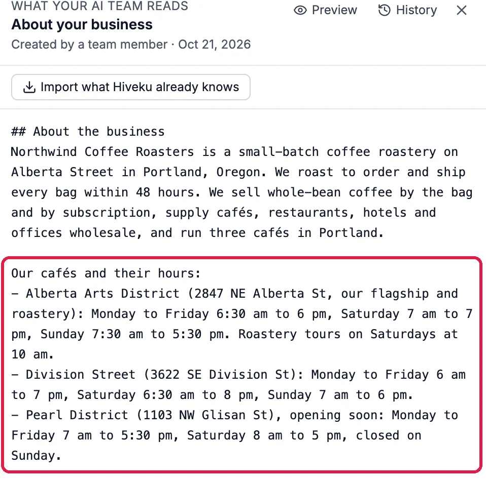 The About your business editor: under About the business, Our cafés and their hours, with Alberta Arts District, Division Street and Pearl District, each with its weekday, Saturday and Sunday hours, outlined