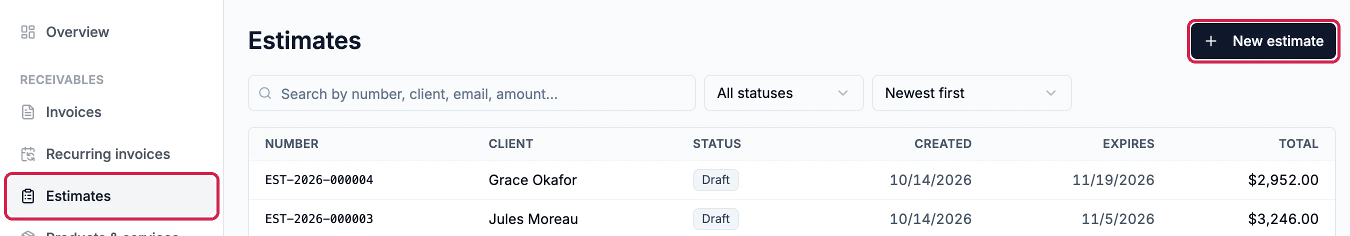 The Commerce menu with Estimates outlined, and the Estimates list with its search, status and sort filters and the New estimate button outlined