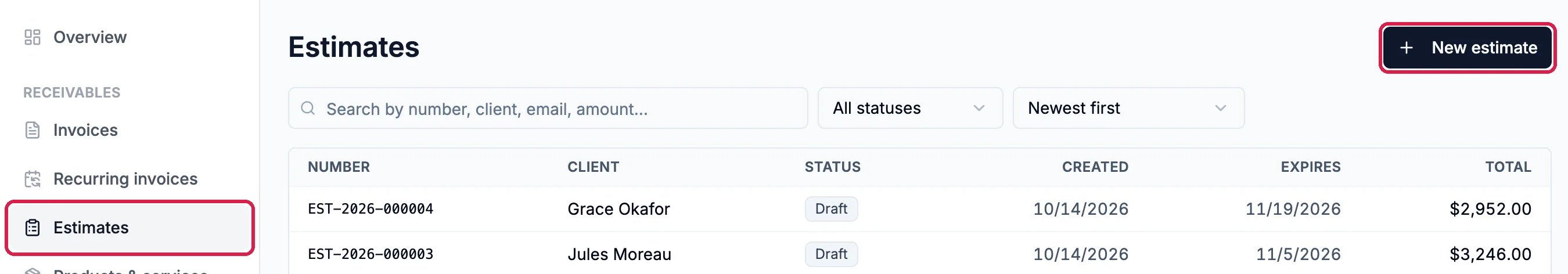 The Commerce menu with Estimates outlined, and the Estimates list with its search, status and sort filters and the New estimate button outlined