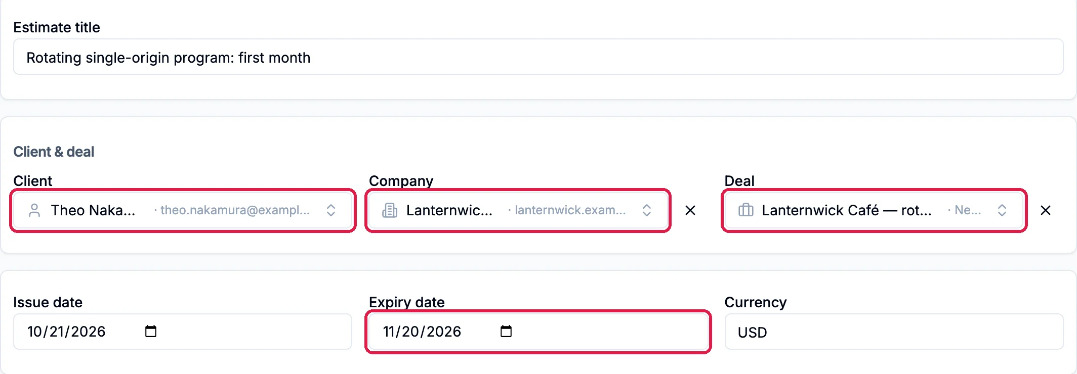 Estimate title Rotating single-origin program: first month, the Client Theo Nakamura, the Company Lanternwick Café and the Lanternwick Café deal outlined, and the Expiry date 11/20/2026 outlined