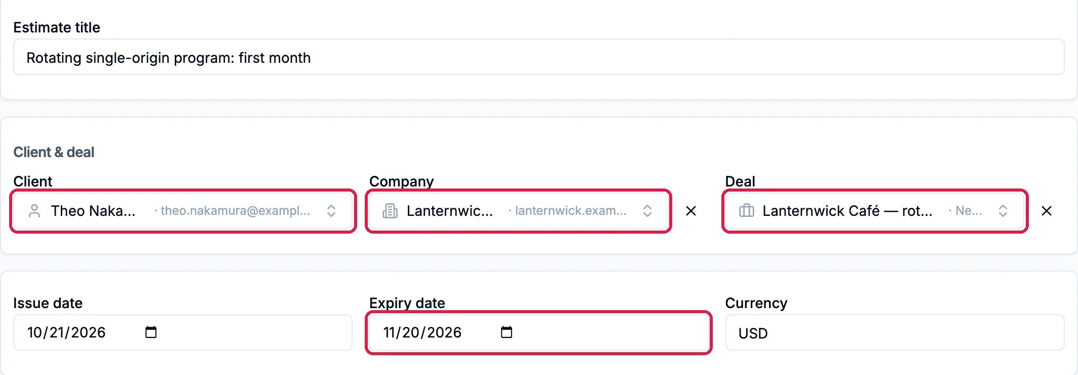Estimate title Rotating single-origin program: first month, the Client Theo Nakamura, the Company Lanternwick Café and the Lanternwick Café deal outlined, and the Expiry date 11/20/2026 outlined