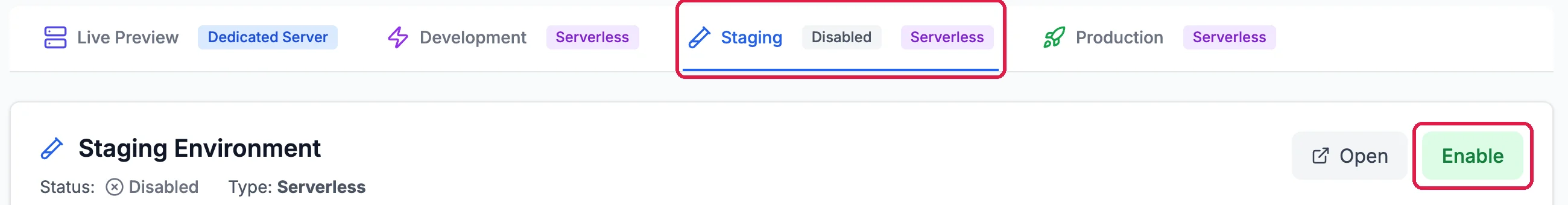 Hosting: the Staging tab, Disabled, outlined; Staging Environment with Open and Enable, outlined