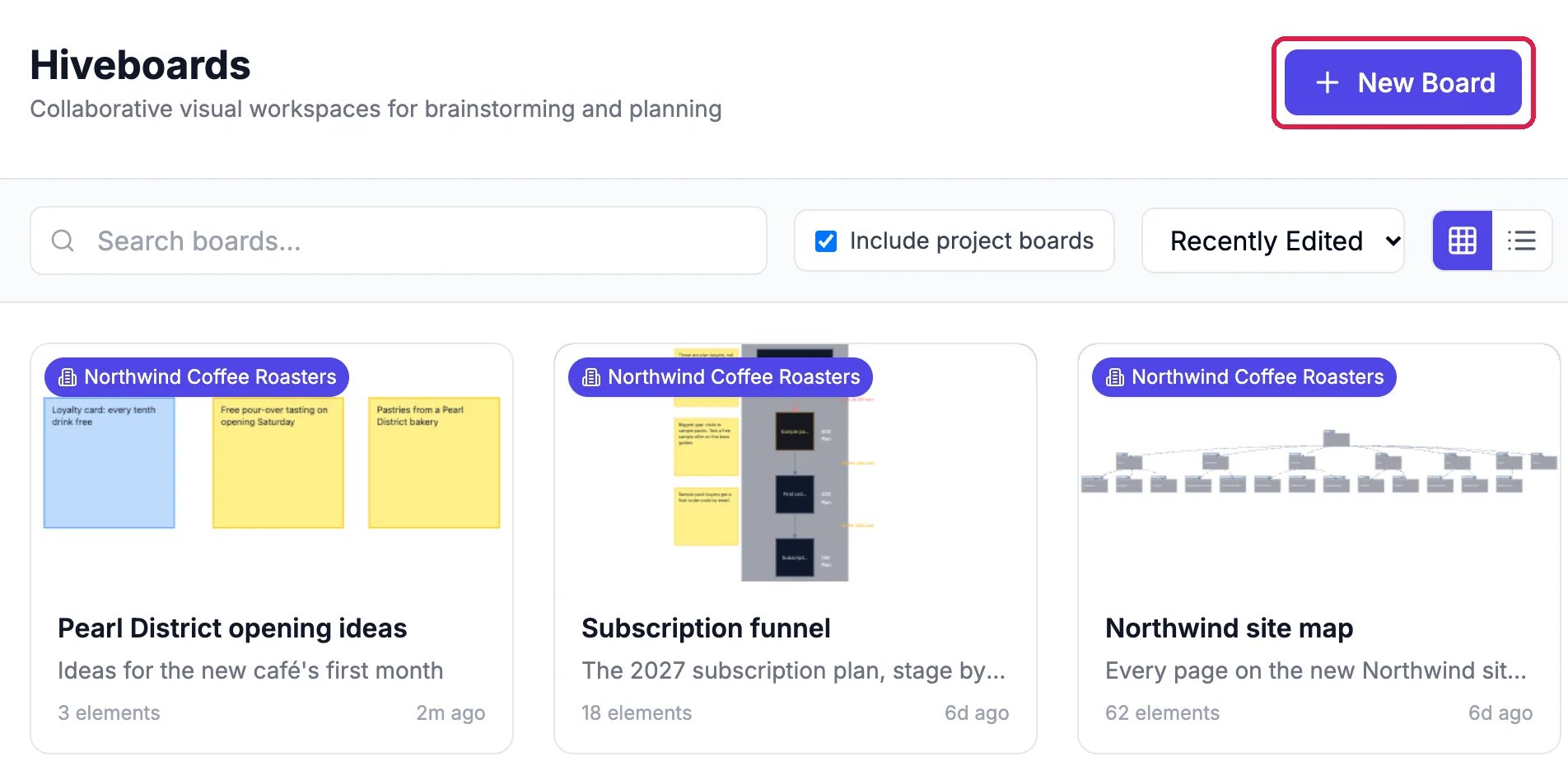 The Hiveboards page with New Board outlined, the search box, Include project boards, Recently Edited, and three Northwind boards: Pearl District opening ideas, Subscription funnel and Northwind site map