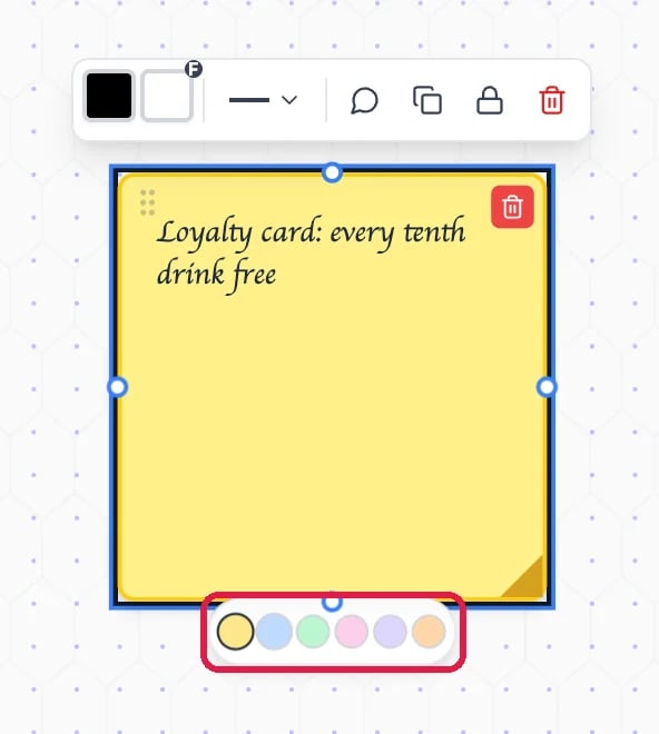 A selected note reading Loyalty card: every tenth drink free, with the toolbar above it and the row of six colors under it outlined: yellow, blue, green, pink, purple and orange