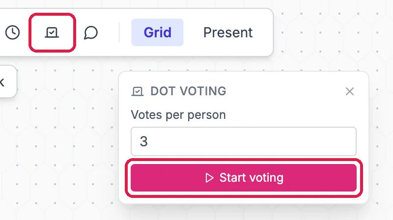 The Dot voting button outlined in the toolbar, and the Dot voting panel with Votes per person 3 and Start voting, outlined