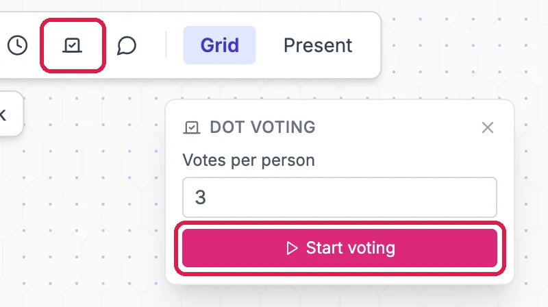 The Dot voting button outlined in the toolbar, and the Dot voting panel with Votes per person 3 and Start voting, outlined