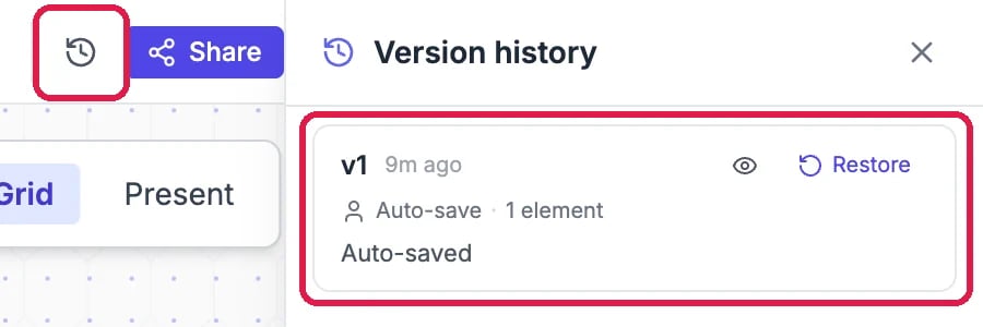 The Version history icon outlined next to Share, and the Version history panel with v1, 9m ago, Auto-save, 1 element, Auto-saved, with the eye and Restore, outlined
