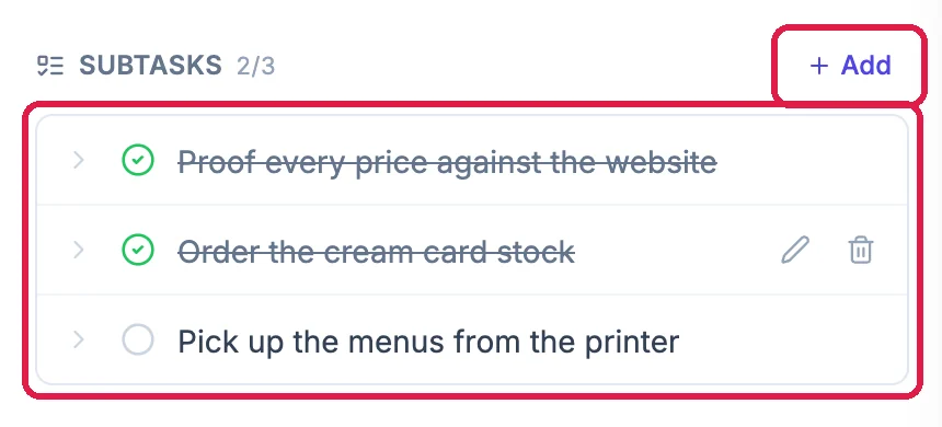 Subtasks 2/3 with + Add outlined, and the list outlined: Proof every price against the website and Order the cream card stock ticked and crossed out, and Pick up the menus from the printer still open