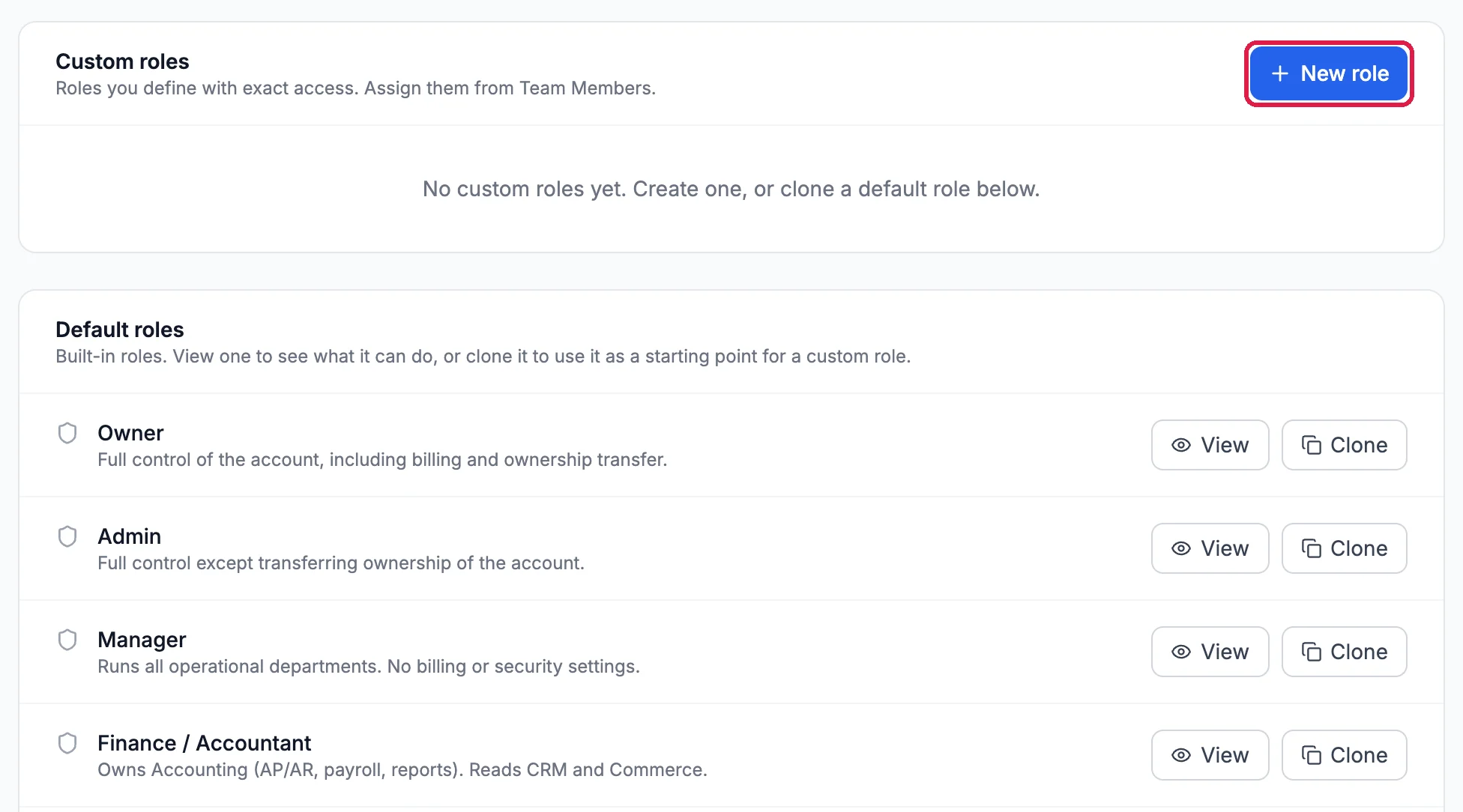 Custom roles with No custom roles yet and the New role button outlined, above Default roles: Owner, Admin, Manager and Finance / Accountant, each with View and Clone