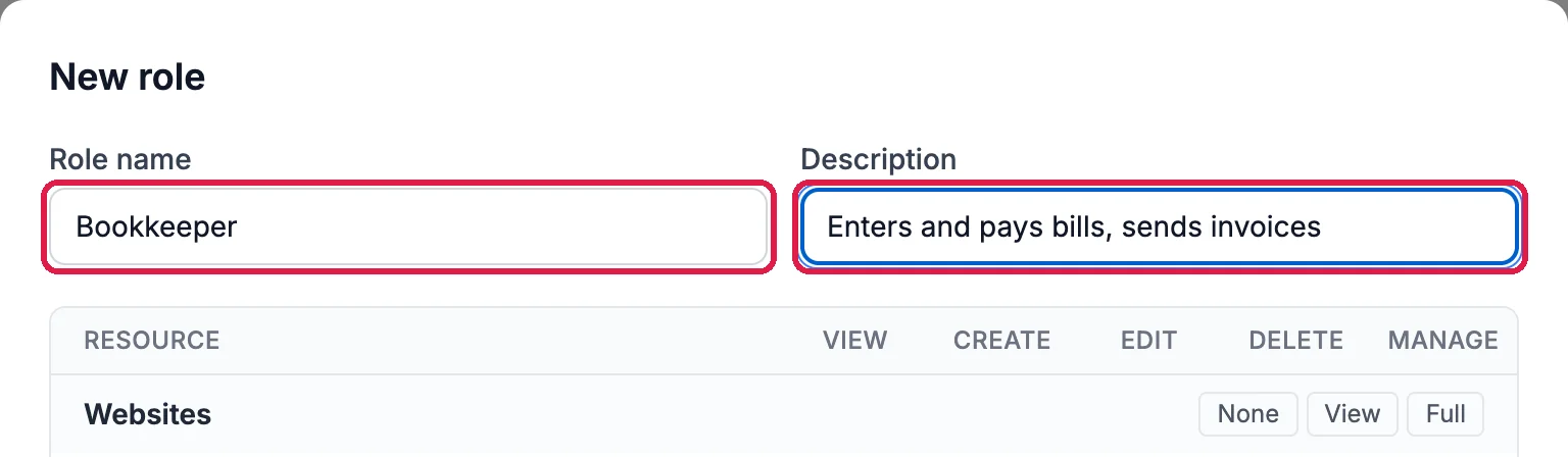 New role with Role name Bookkeeper and Description Enters and pays bills, sends invoices, both outlined, above the access table's headings