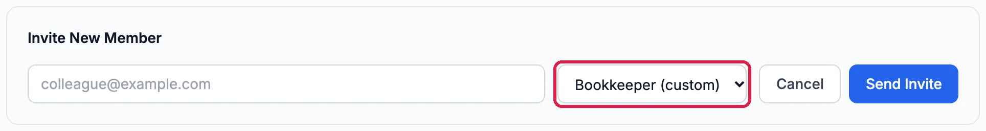 Invite New Member with an empty email box, the role list showing Bookkeeper (custom), outlined, and the Cancel and Send Invite buttons