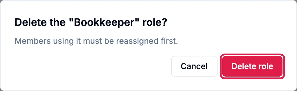 Delete the Bookkeeper role? Members using it must be reassigned first. Cancel, and the Delete role button outlined