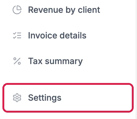 The bottom of the Commerce menu: Revenue by client, Invoice details, Tax summary and Settings, with Settings outlined
