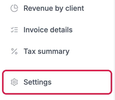 The bottom of the Commerce menu: Revenue by client, Invoice details, Tax summary and Settings, with Settings outlined