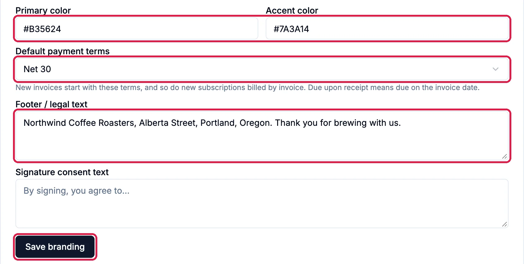 Primary color #B35624 and Accent color #7A3A14, Default payment terms Net 30, the footer text, and the Save branding button, outlined