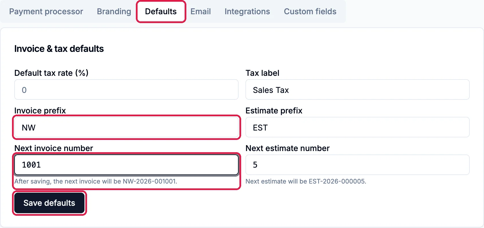 The Defaults tab outlined, Invoice prefix NW outlined, Next invoice number 1001 with After saving, the next invoice will be NW-2026-001001, outlined, and Save defaults outlined