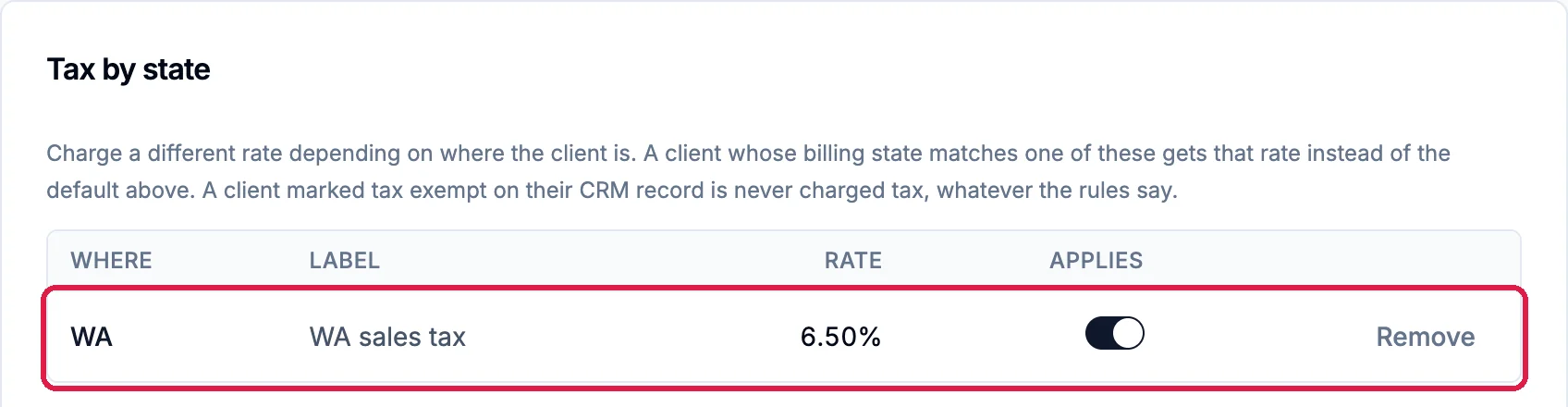 The tax rules table with WA, WA sales tax, 6.50% and the Applies switch on, outlined