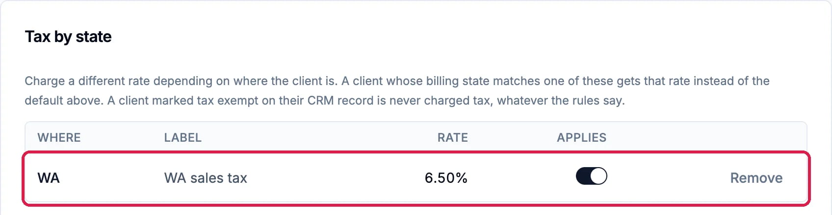 The tax rules table with WA, WA sales tax, 6.50% and the Applies switch on, outlined