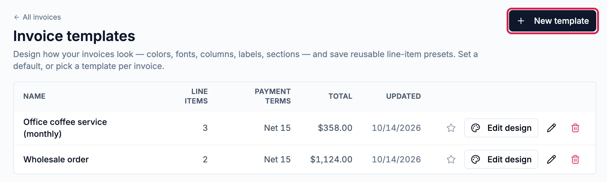 Invoice templates with two templates in the list and the New template button outlined