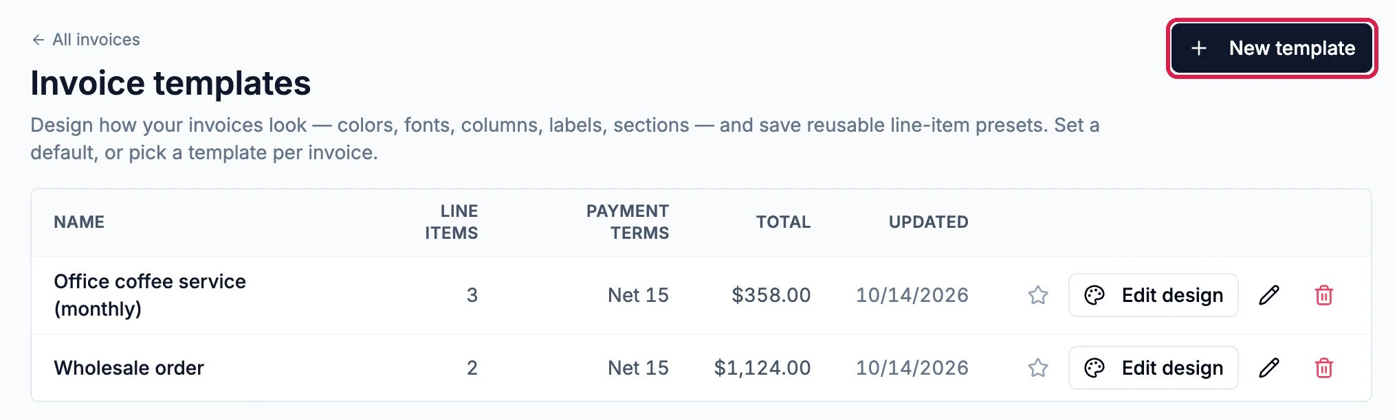 Invoice templates with two templates in the list and the New template button outlined