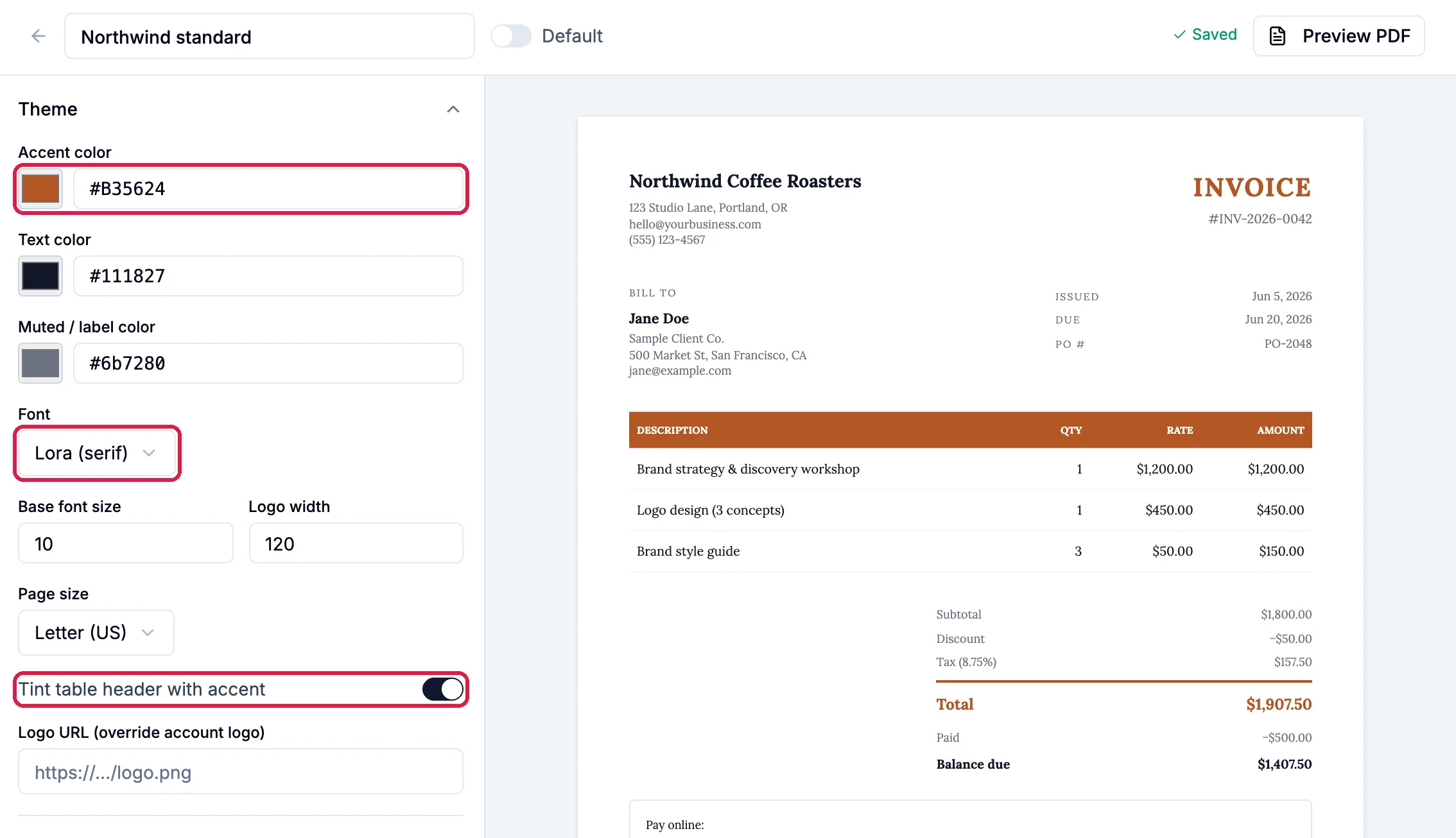 The template editor: name Northwind standard, Saved, Preview PDF, and under Theme the Accent color #B35624, the Font Lora (serif) and Tint table header with accent, outlined, with the preview showing an orange INVOICE and table header