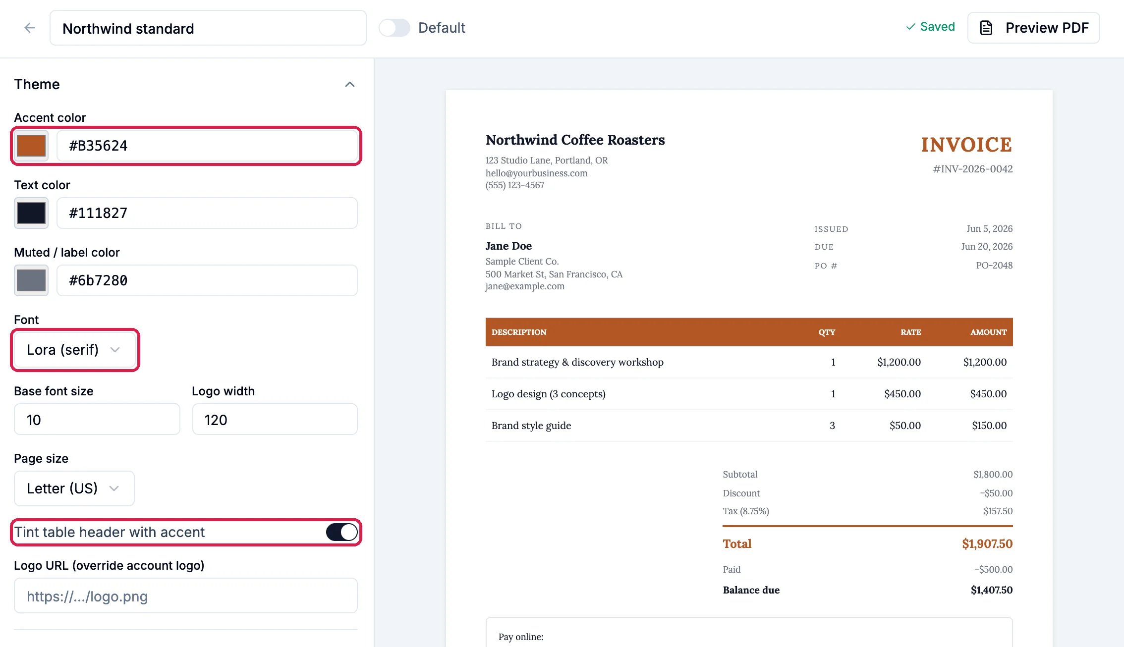 The template editor: name Northwind standard, Saved, Preview PDF, and under Theme the Accent color #B35624, the Font Lora (serif) and Tint table header with accent, outlined, with the preview showing an orange INVOICE and table header