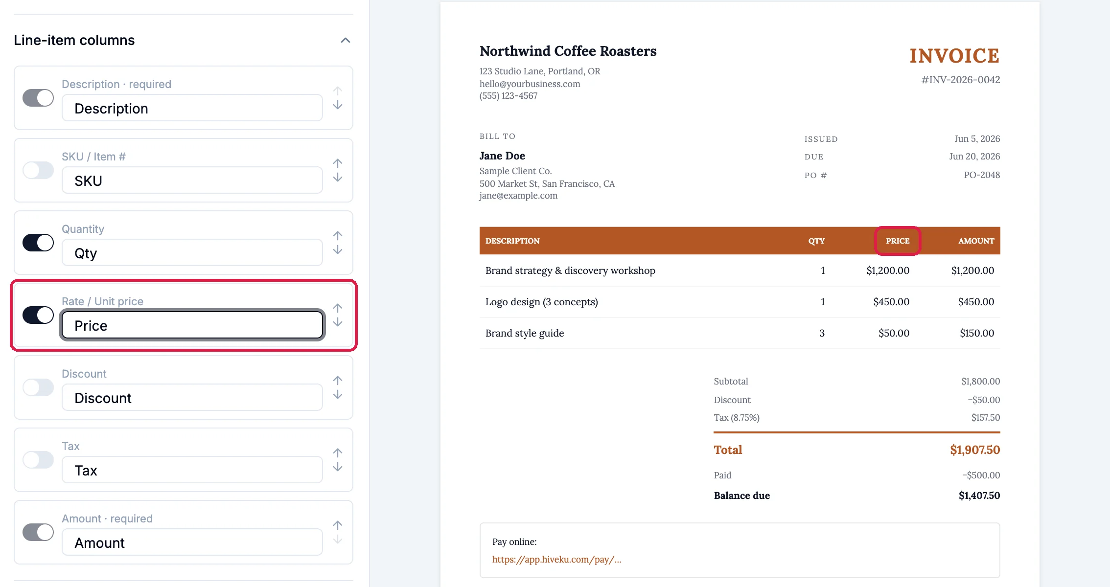 Line-item columns with the Rate / Unit price column renamed Price and outlined, and the preview's table showing PRICE, outlined