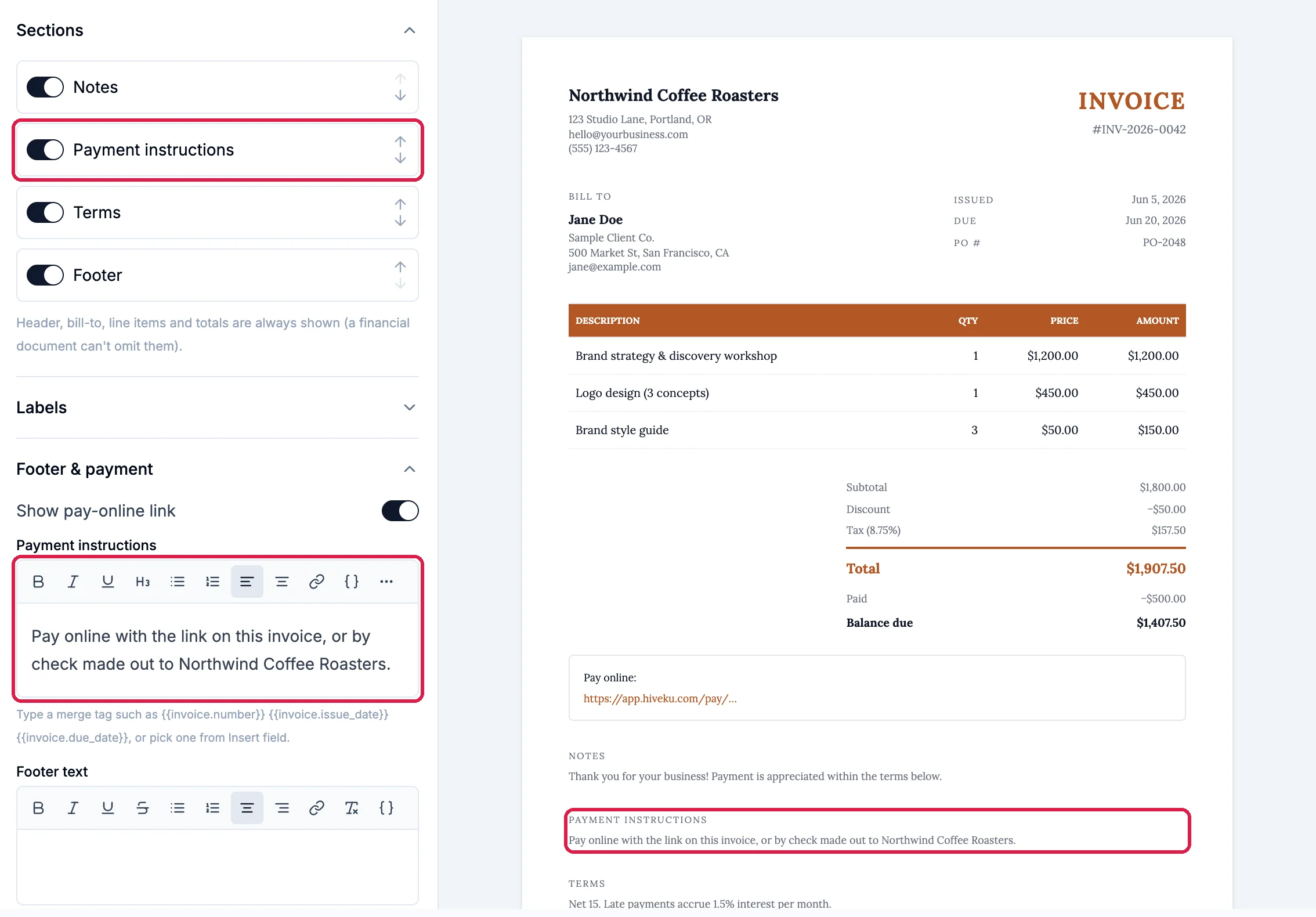 Sections with Payment instructions switched on and outlined, the Payment instructions text under Footer and payment outlined, and the same text in the preview, outlined