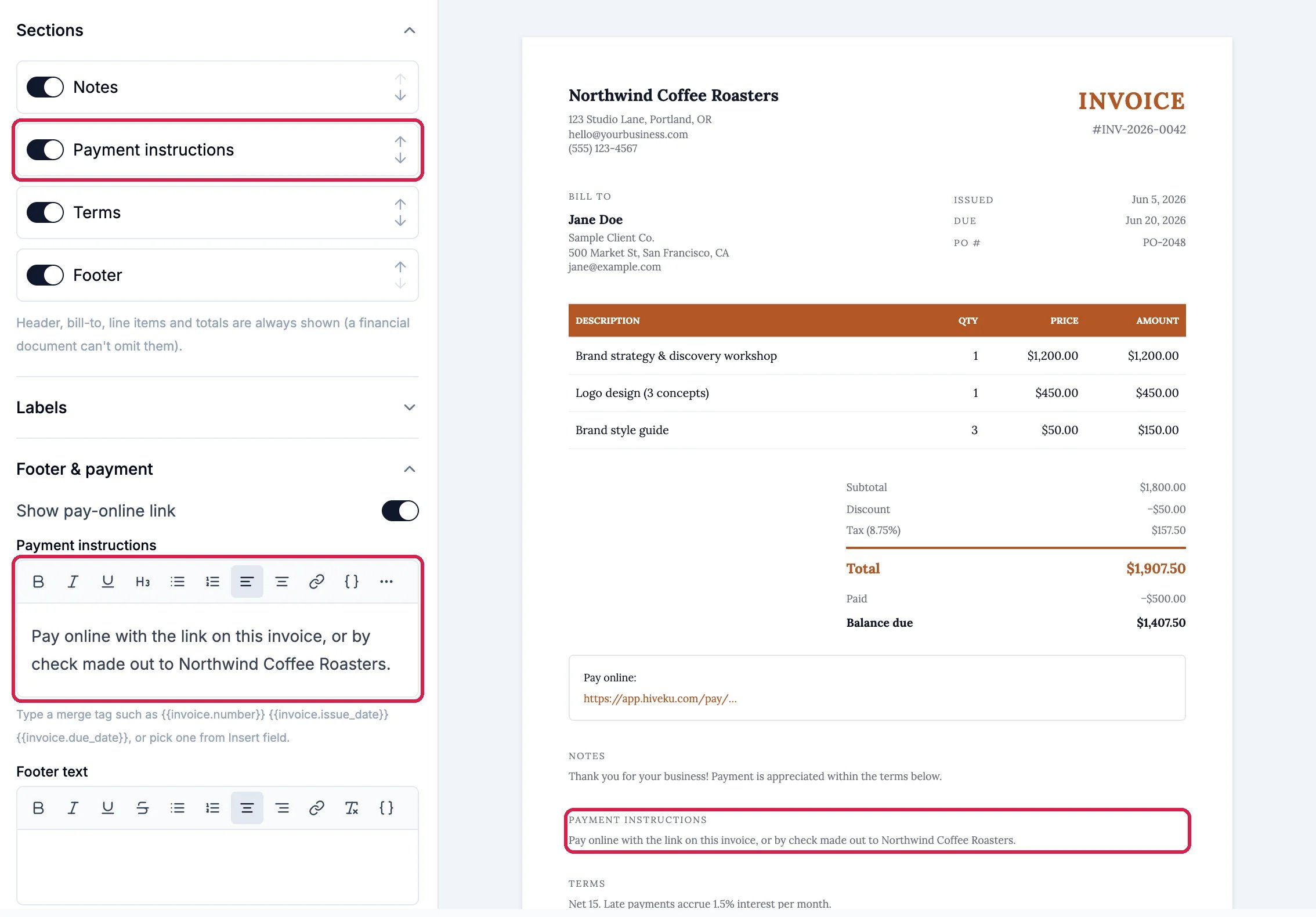 Sections with Payment instructions switched on and outlined, the Payment instructions text under Footer and payment outlined, and the same text in the preview, outlined