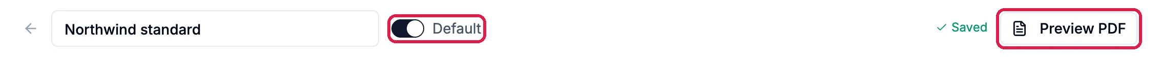 The editor's top bar: Northwind standard, the Default switch on and outlined, Saved, and the Preview PDF button outlined