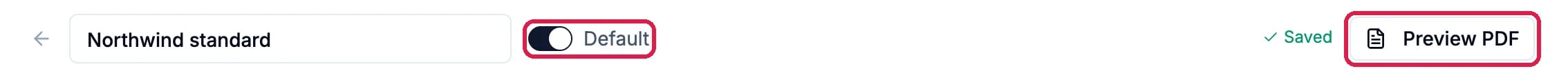 The editor's top bar: Northwind standard, the Default switch on and outlined, Saved, and the Preview PDF button outlined