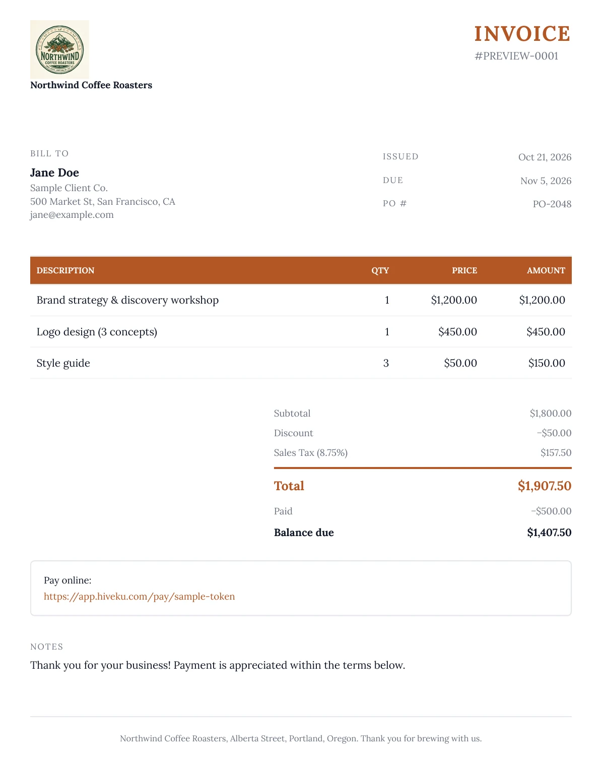 The PDF preview: the Northwind logo and name, INVOICE in orange, sample client and lines with an orange table header and a Price column, Sales Tax, the total in orange, Pay online, and the Northwind footer line