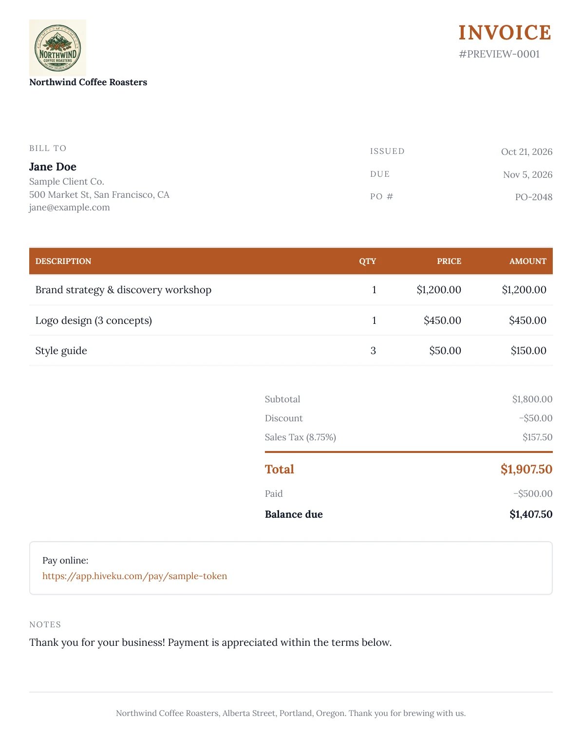 The PDF preview: the Northwind logo and name, INVOICE in orange, sample client and lines with an orange table header and a Price column, Sales Tax, the total in orange, Pay online, and the Northwind footer line