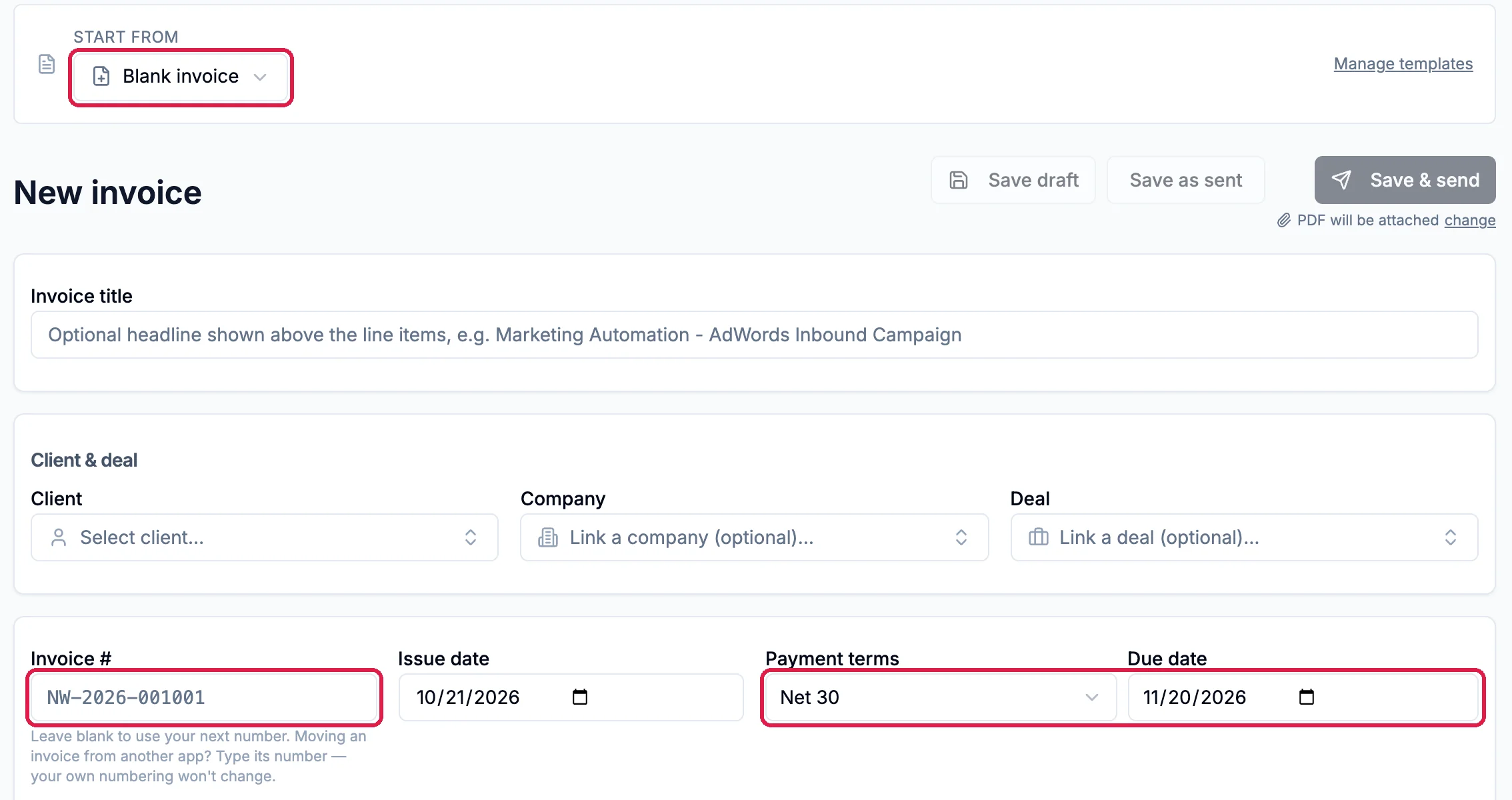 New invoice with Start from Blank invoice outlined, Invoice # NW-2026-001001 outlined, and Payment terms Net 30 with Due date 11/20/2026 outlined