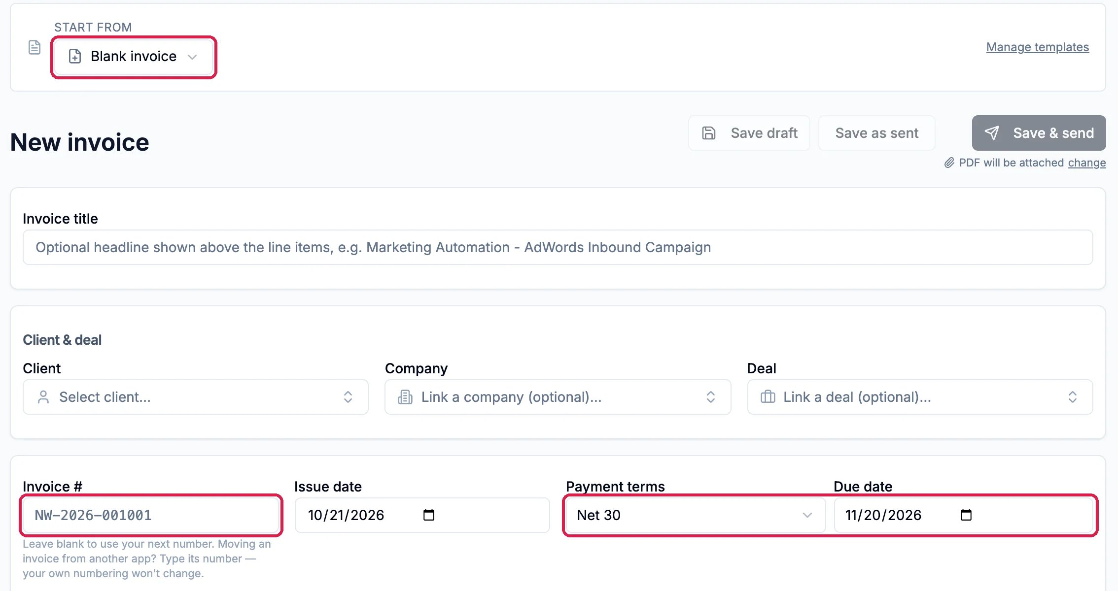 New invoice with Start from Blank invoice outlined, Invoice # NW-2026-001001 outlined, and Payment terms Net 30 with Due date 11/20/2026 outlined
