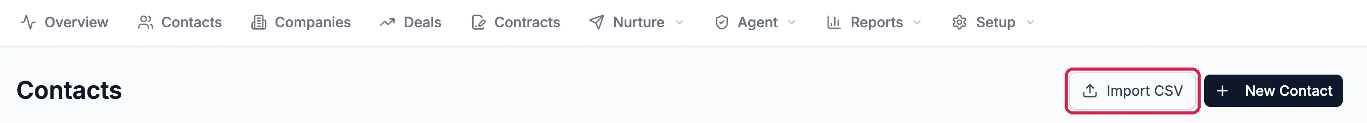 The CRM tabs and the Contacts page header, with the Import CSV button outlined next to New Contact