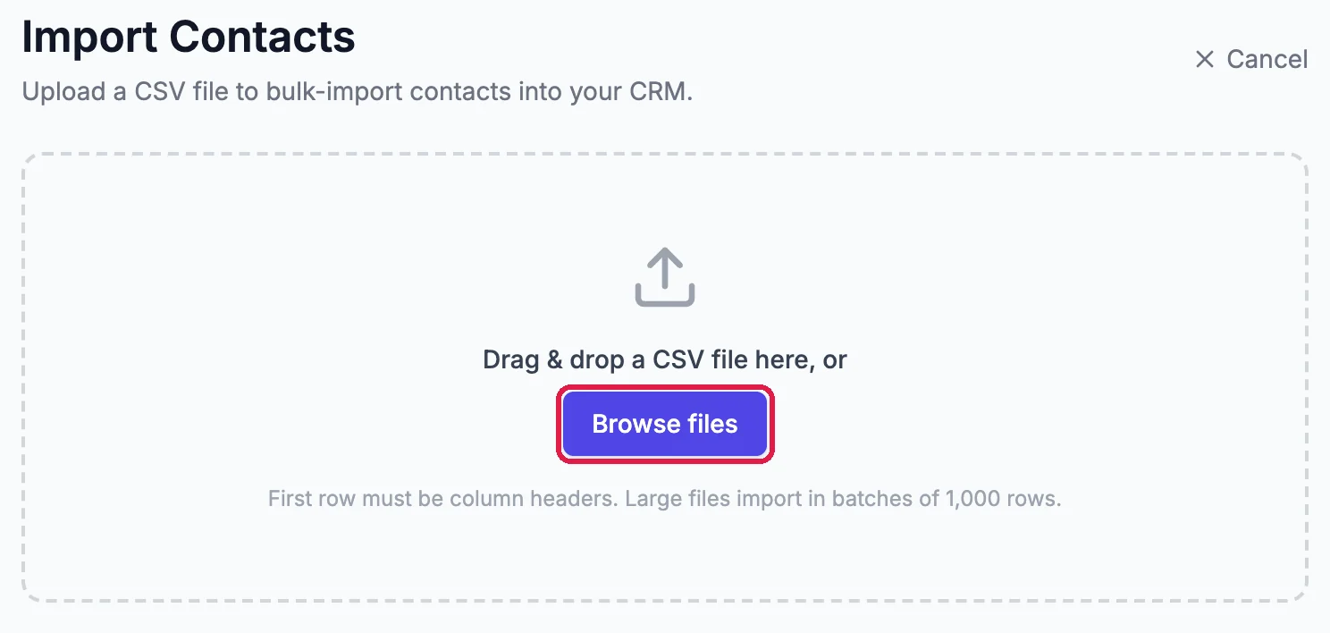 Import Contacts: Drag and drop a CSV file here, with the Browse files button outlined