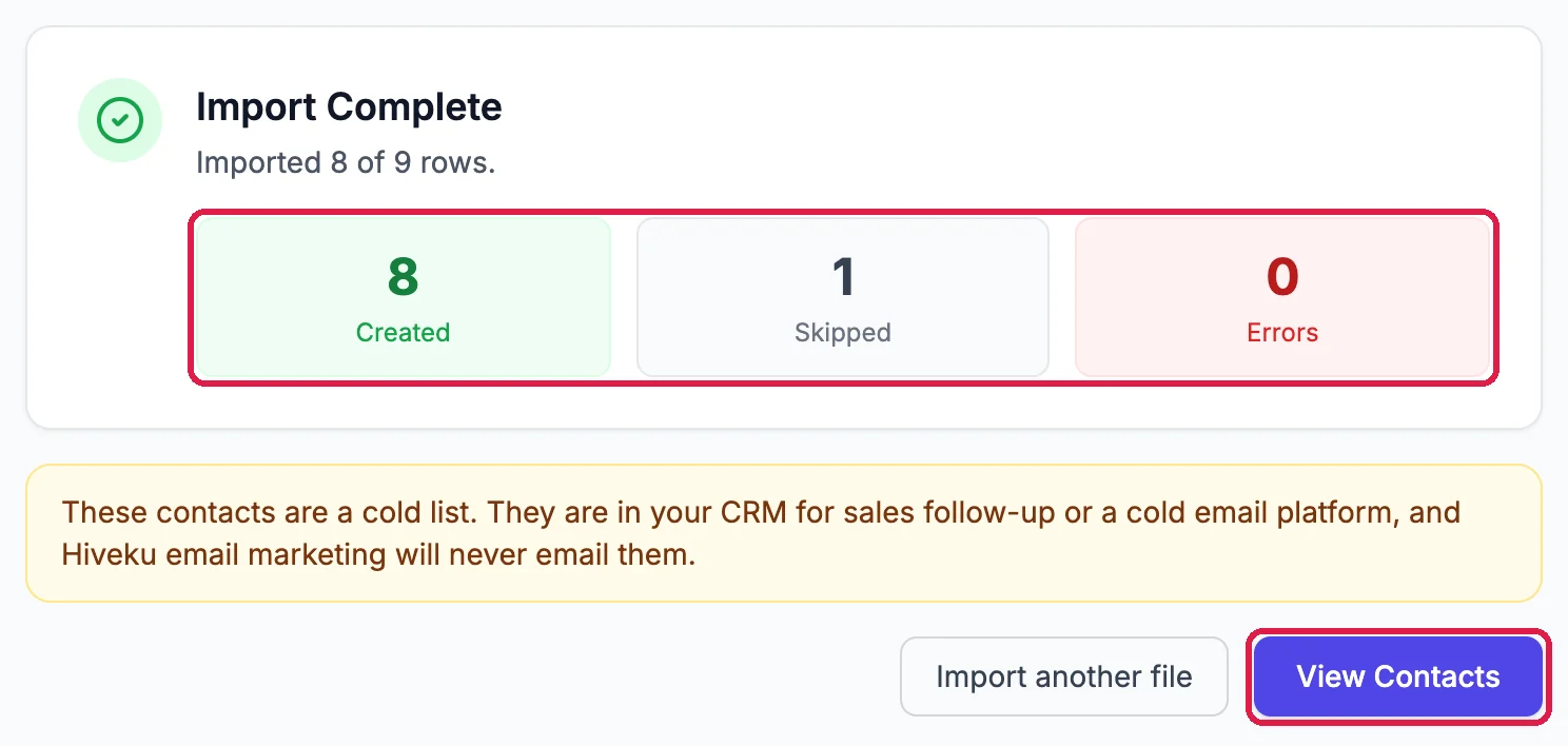Import Complete: Imported 8 of 9 rows, with Created 8, Skipped 1 and Errors 0 outlined, the cold list note, and the View Contacts button outlined